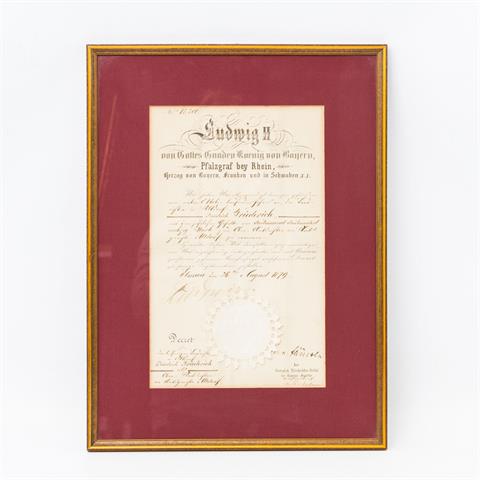 Ernennungsurkunde mit Unterschrift Ludwigs II. von Bayern, 2.H. 19.Jh. -