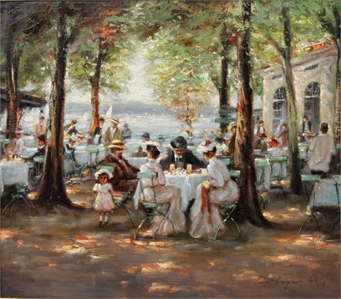 BURGER, LUDWIG (geb. 1927): Impressionistische Café-Szene am See,