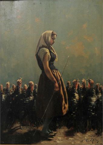 SALMON, THÉODORE FRÉDÉRIC (1811-1876, französischer Maler), "Truthähne hütendes Mädchen",
