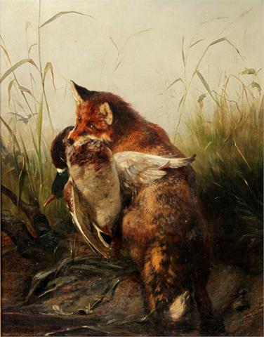 DEIKER, CARL-FRIEDRICH (Wetzlar 1836-1892 Düsseldorf), "Fuchs mit erbeuteter Ente im Schilf",