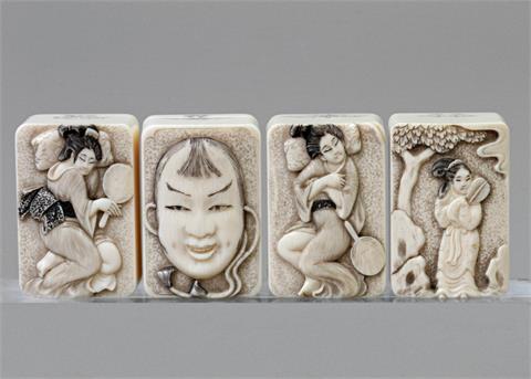 Set von vier erotischen Netsukes aus Elfenbein . JAPAN, Taisho-Periode (1912-1926)