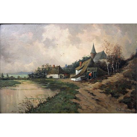 FUGGENBACH, G. (Maler des 19./20. Jh.), "Herbstliche Flusslandschaft mit kleiner Kirche und zwei Häusern am Ufer",