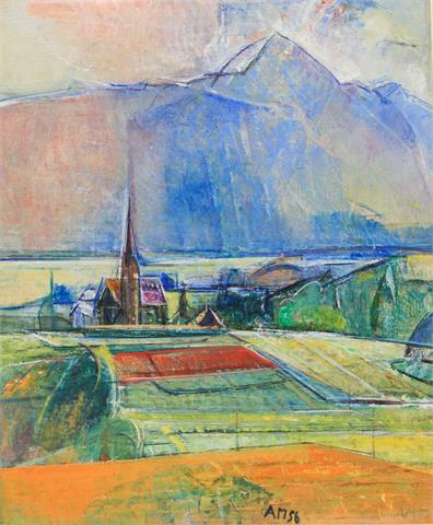 MAHRINGER, ANTON (Neuhausen a.d. Fildern 1902-1974 Villach), "Dorfkirche vor Bergkette",