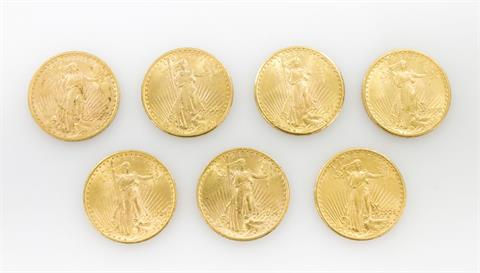 7-teiliges GOLDkonvolut USA - 7 x 20 Dollars der Jahrgänge