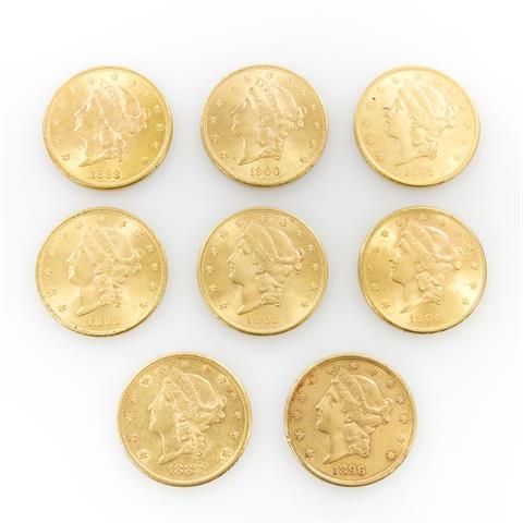 8-teiliges GOLDkonvolut USA - 8 x 20 Dollars der Jahrgänge