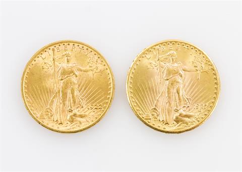 GOLDkonvolut USA - 2 x 20 Dollars 1922/1927,