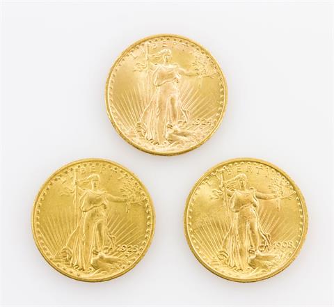 3-teiliges GOLDkonvolut USA - 3 x 20 Dollars 1908/1924/1925/,