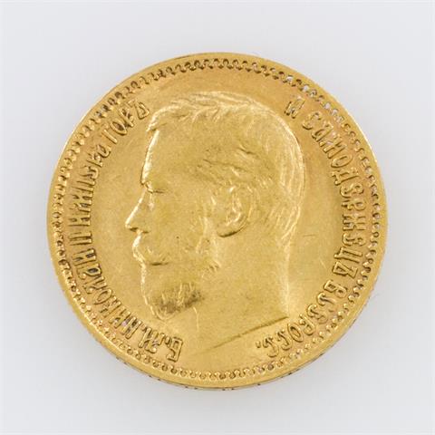 Russland/GOLD - 5 Rubel 1900/r, Nikolaus II., ss. , avers berieben,