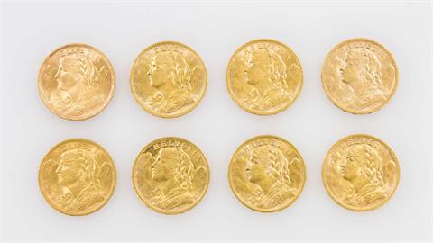 Ansehnliche GOLDzusammenstellung Schweiz - 8 x Schweiz - 20 Franken