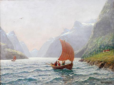 DAHL, HANS (1849-1937): Frische Brise - Norwegische Fjordlandschaft mit heimkehrendem Segelboot.