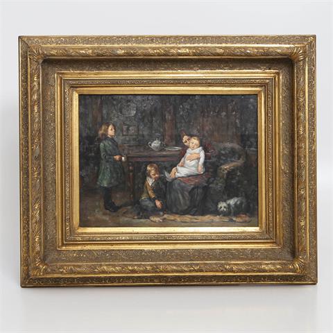HORN, V. (Genremaler des 20. Jh.), "Mutter mit ihren Kindern in bürgerlichem Interieur",