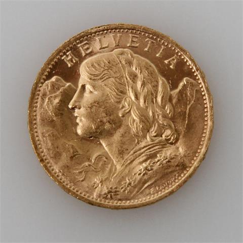 Schweiz/GOLD - 5,8g GOLD fein, 20 Franken 1927/B,