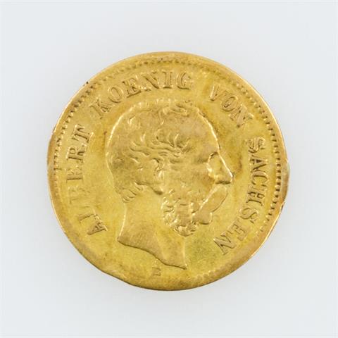 Sachsen/GOLD - 5 Mark 1877/E, König Albert von Sachsen, s., stark berieben,