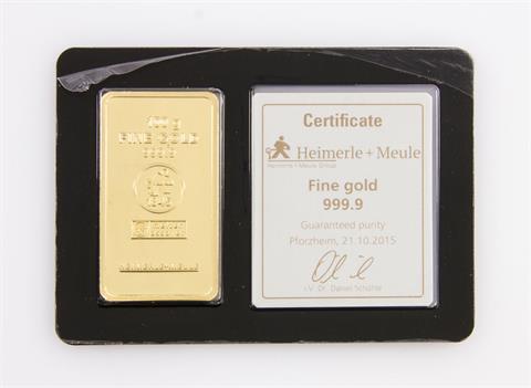 1 Goldbarren - 100g GOLDbarren, geprägt, Hersteller Heimerle + Meule,