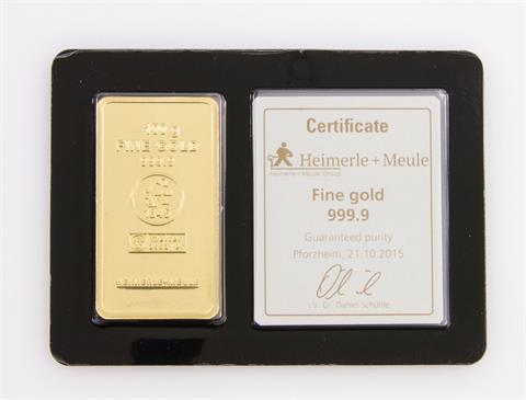 1 Goldbarren - 100g GOLDbarren, geprägt, Hersteller Heimerle + Meule,