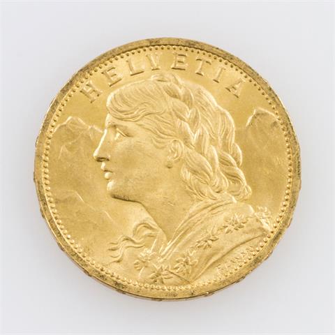 Schweiz/GOLD - 20 Franken 1897/B, Vreneli, ss.,