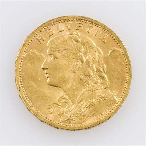 Schweiz/GOLD - 20 Franken 1907/B, Vreneli, ss.,