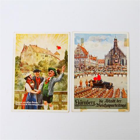 Postkarten 1933-1945 - Nürnberg. 2 Karten, "Nürnberg, die Stadt der Reichsparteitage" sowie "Deutsche aus allen Gauen Treffen