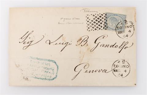 Italien 15 Cent. 1863 König, auf Brief vom Ersttag des Rauten-Versuchsstempel,
