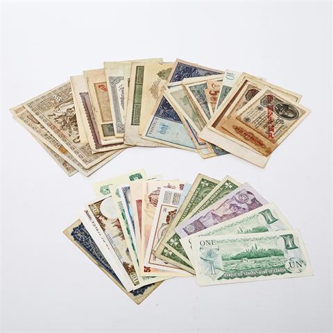 Konvolut Banknoten aus aller Welt, 20.Jh. - dabei u.a. 2 x Kanada - 1 Dollar 1973 sowie 3 x USA - 1 Dollar 1935C/1957G (2x)