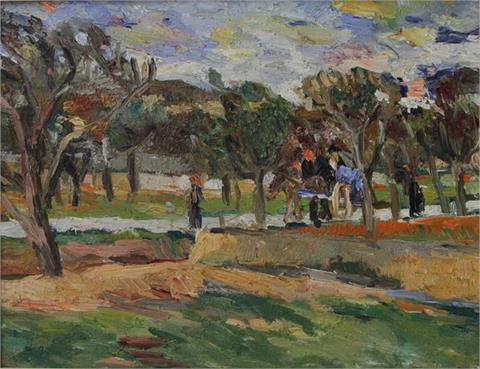 HENNINGER, MANFRED (Attrib.; 1894-1986): Blick auf eine Dorfstraße mit Pferdefuhrwerk und Figurenstaffage, wohl auf Ibiza, 20.