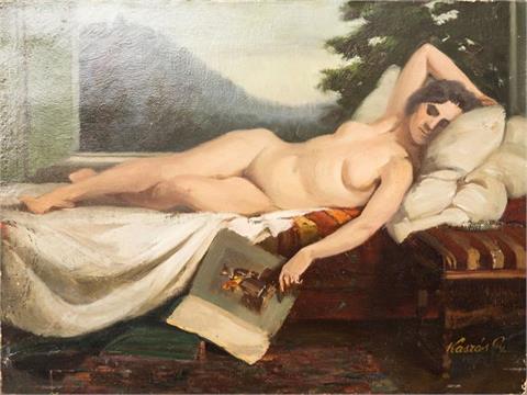 KASZAS, Gy. (ungarischer Maler 1. Hälfte 20. Jh.), "Schlafende Venus mit Buch",