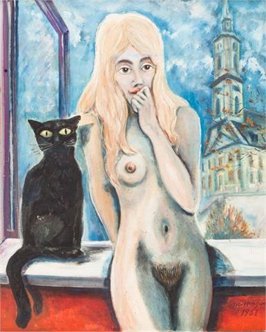 MITTENZWEI, HOLGER (1943-2010, deutscher Künstler, tätig in Gera), "Mädchen mit Katze",