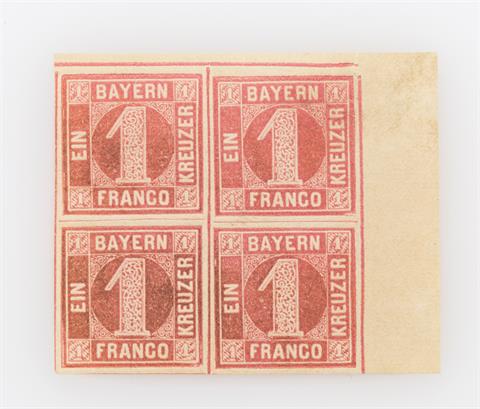 AD Bayern - 1850, Bogenecke 1 Kreuzer rosa, Viererblock,