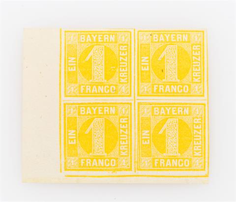 AD Bayern - 1862, Bogenecke 1 Kreuzer gelb, Viererblock,