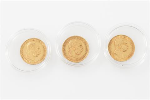 3 x Österreich/Gold - 10 Kronen 1896/1905/1909, Franz Joseph, jeweils ss.,