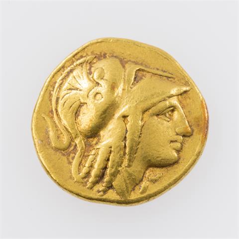 Königreich Makedonien/Gold - Goldstater 330-320 v.Chr./Amphipous, Alexander III., Av: Athenakopf n.r.,