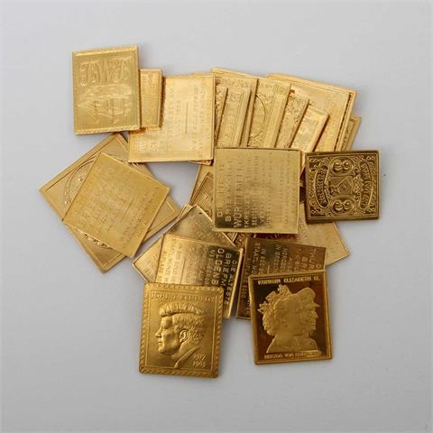GOLDENE Briefmarken mit Schwerpunktthematik "Die ältesten Briefmarken"- Zusammenstellung bestehend aus 25 Briefmarken in Gold,