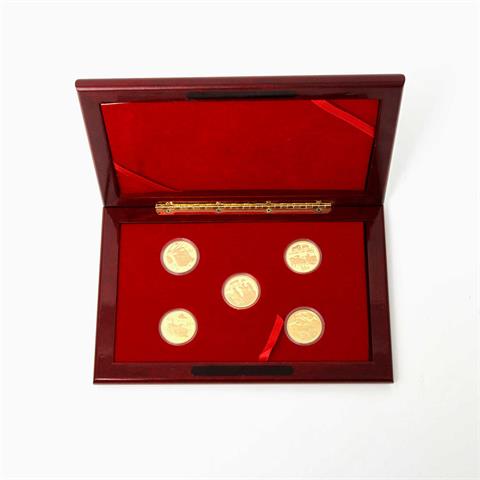 China/Gold - äußerst seltenes und wunderschönes Set der "Coins of Invention and Discovery (5th set)" der Shenyang Mint mit 5 x