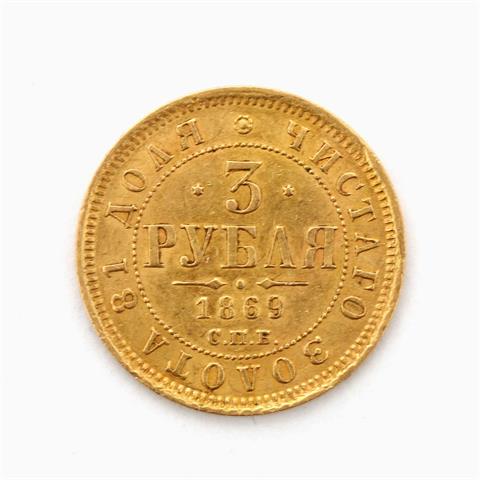 Russland/Gold - 3 Rubel 1869/St. Petersburg, Alexander II., ss., Randfehler,