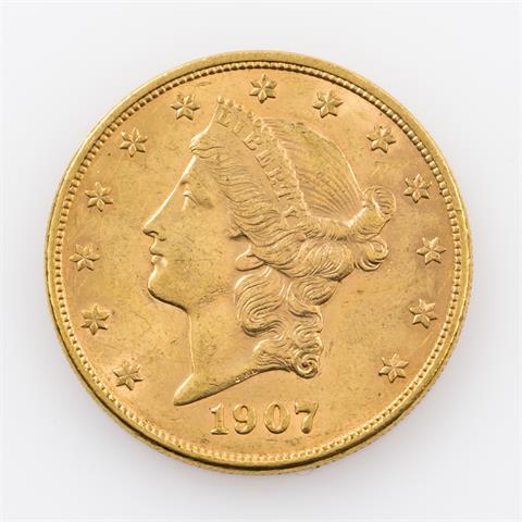 USA/GOLD - 20 Dollars 1907/D, Liberty Head, ss+., verkapselt,