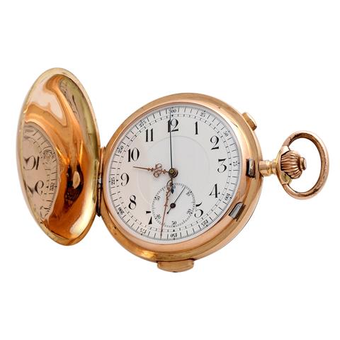 INVICTA Taschenuhr mit Repetition u. Chronograph, um 1900/10. Savonette-Gehäuse in Rosé-Gold 14K