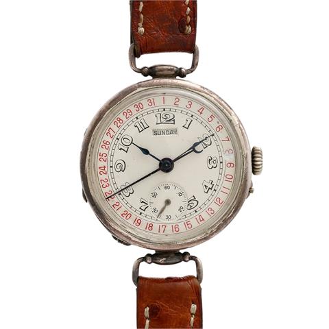 HY. MOSER & CIE Armbanduhr mit Datums- und Wochentagsanzeige, ca. 1910/20er Jahre. Gehäuse Silber.