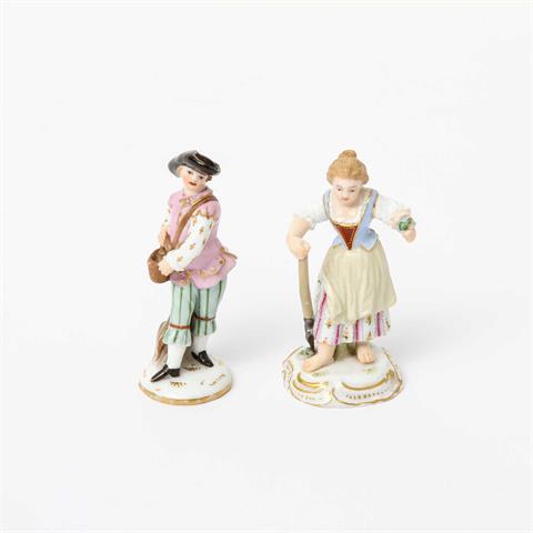MEISSEN 2 Miniaturfiguren, "Schäfer" und "Mädchen als Gärtnerin", 1870-1923. 1. Wahl.