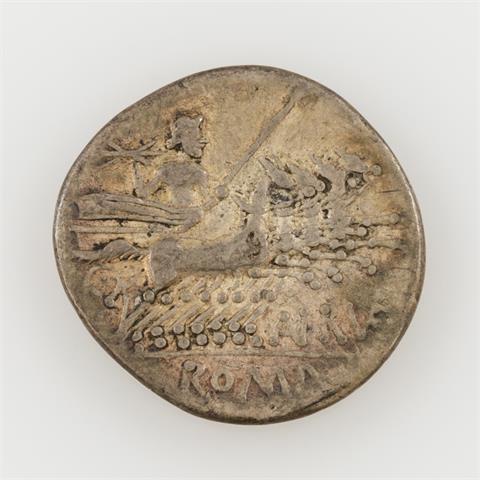 Röm. Republik/Silber - 1 Denar 144 v. Chr., T. Annius Rufus, Av; Romakopf mit Flügelhelm, Wertzeichen X,