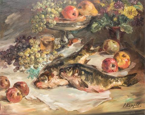 KAPELL, PAUL (Ostrowo/Posen 1876-1943 Stuttgart), "Stillleben mit Früchteschalen, Blumenbouquet in Vase und Fischen",