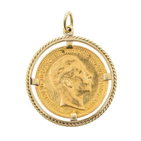 Goldmünze der Dt. Kaiserzeit als Anhänger gefasst - 20 Mark 1891/A, Wilhelm II., ss., berieben, Patina,
