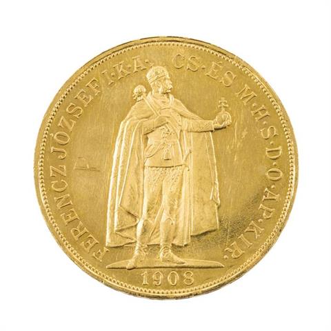Ungarn/Gold - 100 Kronen 1908, Franz Joseph, ss.-, diverse Kratzer avers, kleinere Randfehler,