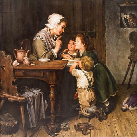 LACHUR, MACIEJ (1927-2008, poln. Maler), "Mutter mit Kindern in der Bauernstube",