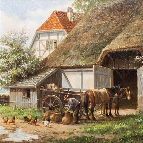 MEILOF, RON (Maler 20. Jh.), "Bauer mit Pferden und Hühnern vor dem Gehöft",