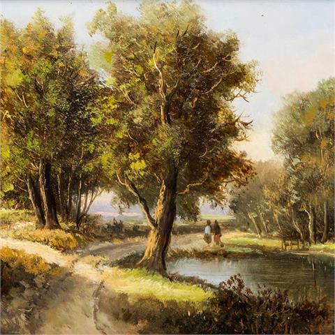 MULDER, D. H. (Maler 20. Jh.), "Waldlandschaft mit Spaziergängern am Fluss",