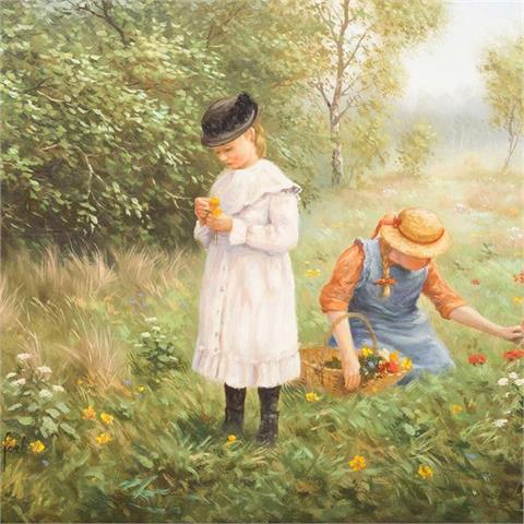 BEAUFORT, J. (Maler 20. Jh.), "Kinder beim Blumenpflücken auf einer Waldwiese",