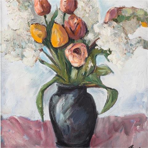 HERMANN, OTTO (Stuttgart 1899-?), "Frühlingsstrauß mit Tulpen und Flieder in blauer Vase",
