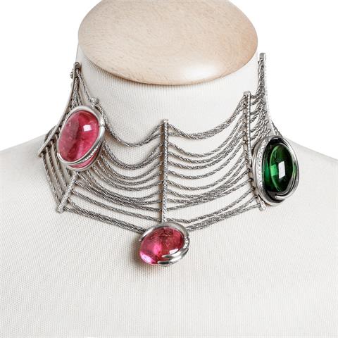 Collier de Chien aus Fuchsschwanzketten mit Turmalinen in Rosa und Grün sowie Brillanten