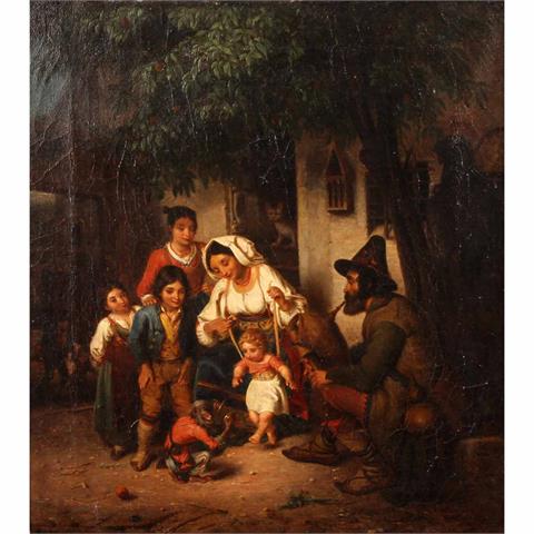 MALER 19. Jh. (undeutl. sign. Günther?), "Italienische Familie vor dem Haus, mit einem spielenden Affen",