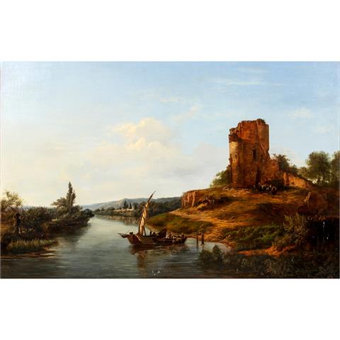 WATSON, E. (engl. Maler/in 19. Jh.), "Boot und Fähre auf Fluss vor Burgruine"